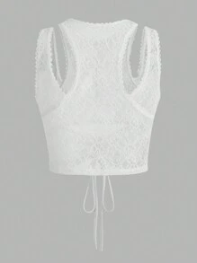 SHEIN ICON Ladies' Y2k White Tie Front Hollow Out Lace Detail Perspective Tank Top