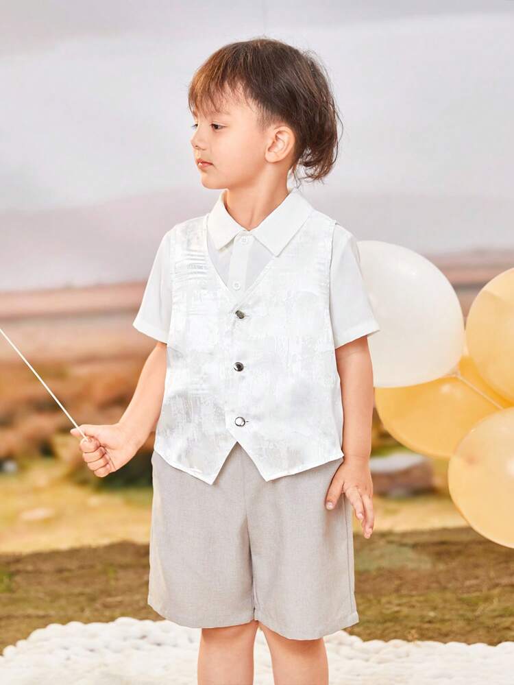 Young Boy Jacquard Texture Vest Shirt, Formal Wear