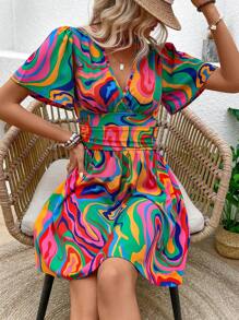 Breezaya 花卉印花 V 领收腰连衣裙 女式度假海滩装 - 彩色 - 查看 5
