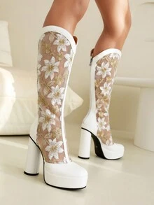 Women's White Knee-High Boots With Gold Embroidery, See-Through Mesh, High Heels, Round Toe, Suitable For Spring And Summer Daily Wear - White - View 1