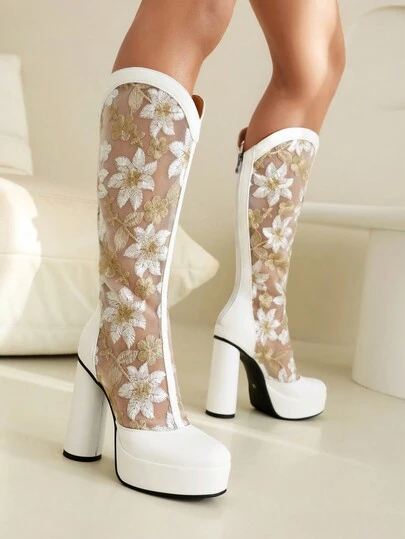 Women's White Knee-High Boots With Gold Embroidery, See-Through Mesh, High Heels, Round Toe, Suitable For Spring And Summer Daily Wear