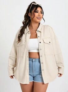 SHEIN EZwear 加大號下垂肩褶邊牛仔外套 - 卡其色 - 查看 6