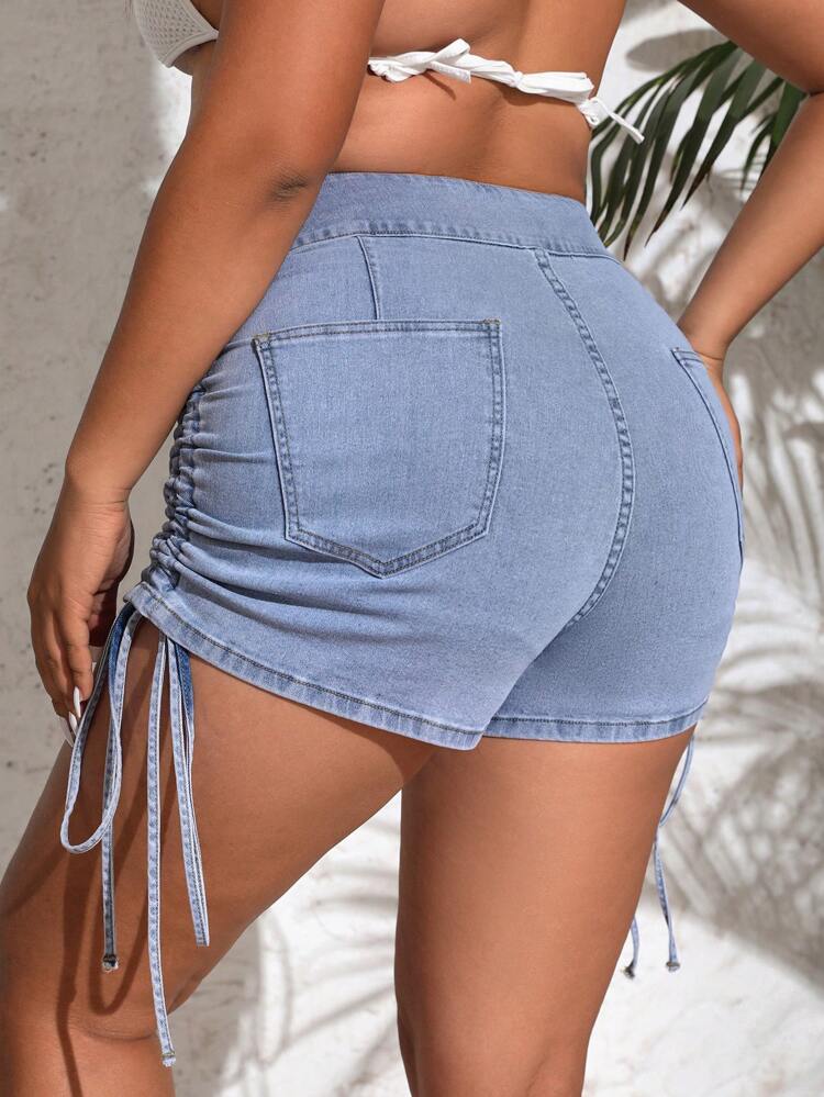 Plus Size Drawstring Slim Fit Denim Shorts With Side Stripes