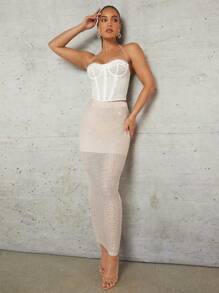 SHEIN BAE Apricot Rose Gold Bronzing Glitter Summer Vacation Crochet Cover Up Hollow Stitching Long Women's Skirt