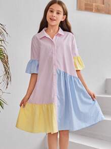 SHEIN Leap Crew 少女們的雜色寬鬆休閒襯衫裙 - 粉色 - 查看 3
