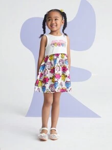 Mr Men Little Miss X SHEIN 少女卡通童趣字母印花圓領束腰連衣裙夏季款 - 白色 - 查看 6