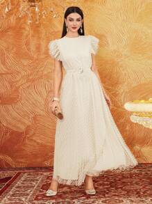 Modelyn Đầm dạ hội dài không tay lưới xếp nếp màu trơn cho nữ - Màu be - Xem 8