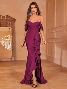 Faeriesty Váy dự tiệc hở vai xếp nếp xẻ tà - Màu Đỏ Sâu - Xem 5