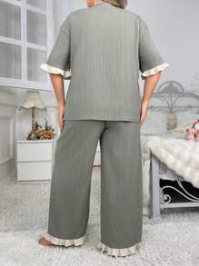 Women's Plus Size Short Sleeve Top And Pants Pajama Set With Color Block Frill Trims - Army Green - View 2