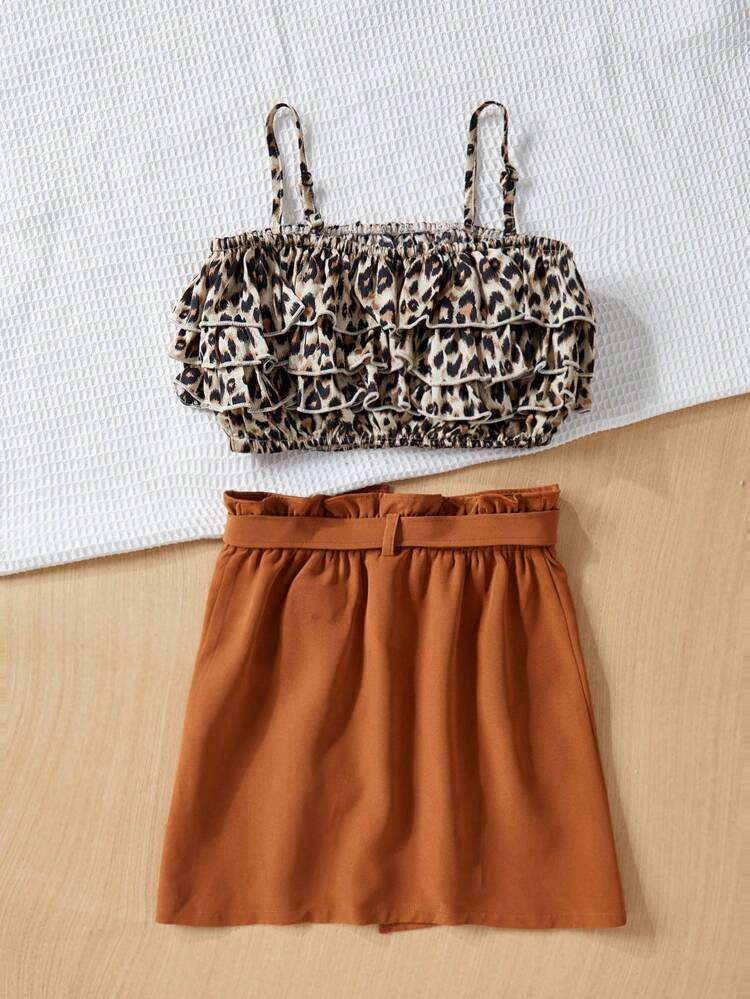 Tween Girl's Leopard Print Two-Piece Set Including Ruffle Trim Cami Top With Detachable Belt And Decorative Pocket Cover Skirt