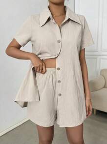 Chiquease 純色寬鬆休閒套裝 - 杏色 - 查看 7