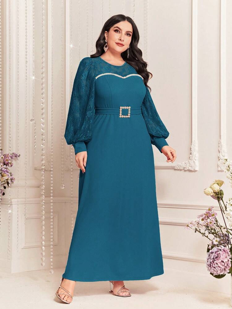 Plus Size Lace Pearl & Stud Embellished Patchwork Dress Long Evening Dresses