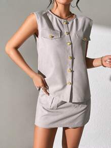 SHEIN LUNE Ensemble De Jupe Et De Haut Sans Manches, Style De Vêtement De Travail Pour Femmes À Bouton Unique - Gris pâle - Voir 4