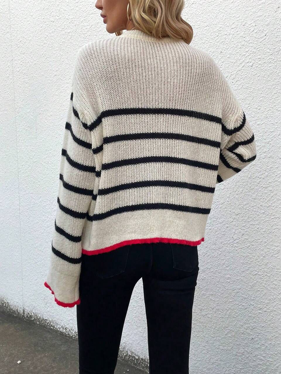 Women's Color Block Striped Drop Shoulder Knit Pullover Fall Winter Sweater