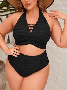 SHEIN Swim Curve Plus Size Solid Color V-Neck Halter Bikini Set Summer - Black - View 6