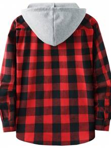 Men Buffalo Plaid Print Drawstring Hooded Shirt Without Tee - Red - View 2