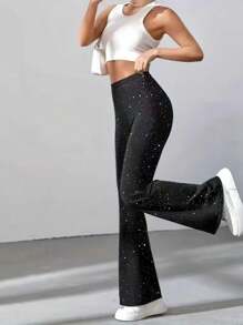 Pantalones acampanados de cintura alta y brillo casual para mujer - Negro - Ver 3