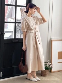 DAZY 纯色宽松短袖连衣裙，圆领，腰带，太阳裙，休闲女装