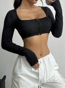 SHEIN EZwear Của phụ nữ Sọc Tay áo dài Top Cây trồng - màu đen - Xem 4