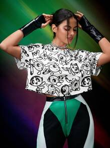 THE POWERPUFF GIRLS X SHEIN 卡通圖形下垂肩t恤 - 黑與白 - 查看 3