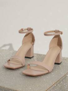女性時尚帶鞋，高粗跟涼鞋 - 藕粉色 - 查看 4