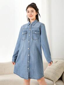 青少年女孩淺藍色戶外休閒長袖牛仔襯衫洋裝寬鬆版型繫領帶 - 淺色水洗藍 - 查看 5