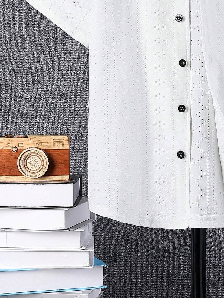 Tween Boy Loose Comfy Knitted Jacquard Short Sleeve Shirt With Turn-Down Collar