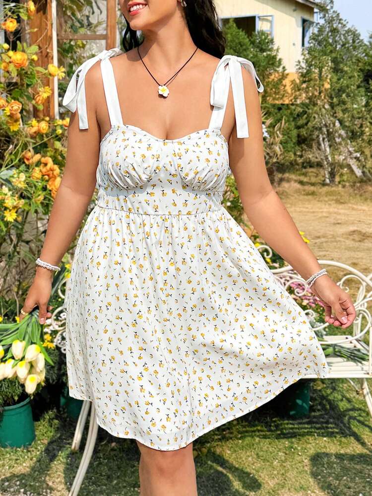Plus Size Women's Floral Print Shoulder Knot Dress