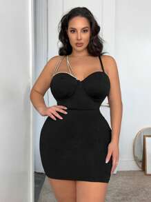 SHEIN SXY 大碼一字肩鑽石鏈連身緊身衣 - 黑色 - 查看 4