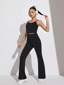 SHEIN 青少年女孩针织纯色两件套，含无袖吊带背心和休闲运动长裤 - 彩色 - 查看 3