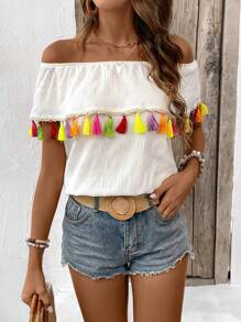 Breezaya Off-Shoulder Shirt With Tassel Fringe Decoration - أبيض - مشاهدة 1