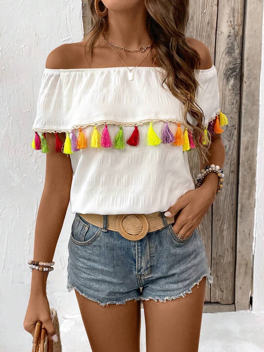 Breezaya Off-Shoulder Shirt With Tassel Fringe Decoration - أبيض - مشاهدة 1