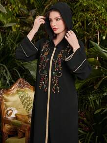 Al Najma Vestido De Estilo Árabe Brillante Con Diamantes De Imitación Para Mujer - Negro - Ver 8