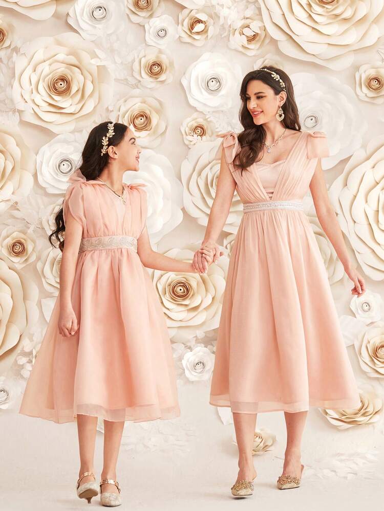 Tween Girl's Sleeveless Organza Dress With Bow Knot, V-Neckline And Tape Decoration