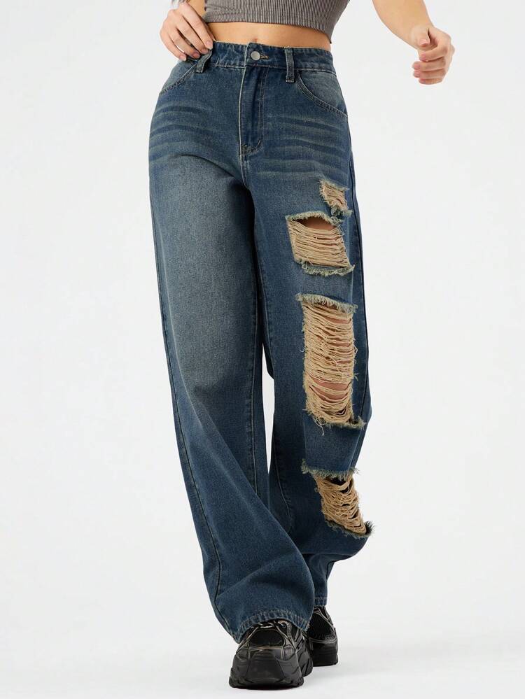 Women's Distressed Denim Jeans With Pockets