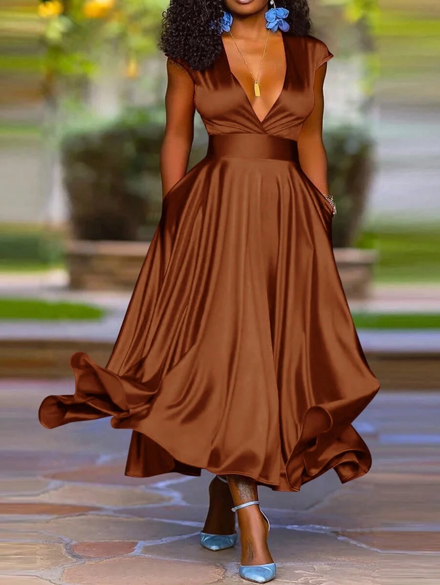 Slaydiva Abito da donna in raso rosa pallido o rosso scuro, scollo a V profondo, elegante e sexy, adatto per appuntamenti, feste, ricevimenti, con maniche lunghe, look semiFormale, ideale per San Valentino, Capodanno o altri eventi - Castano - Visualizzare 1