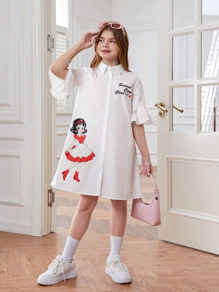 SHEIN 少女時裝鬆身白色假日裙,帶女孩印花的編織衫領 - 白色 - 查看 1