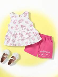Gudetama X SHEIN Young Girl Cartoon Graphic Ruffle Hem Tank Top & Shorts Set - Multicolor - View 3