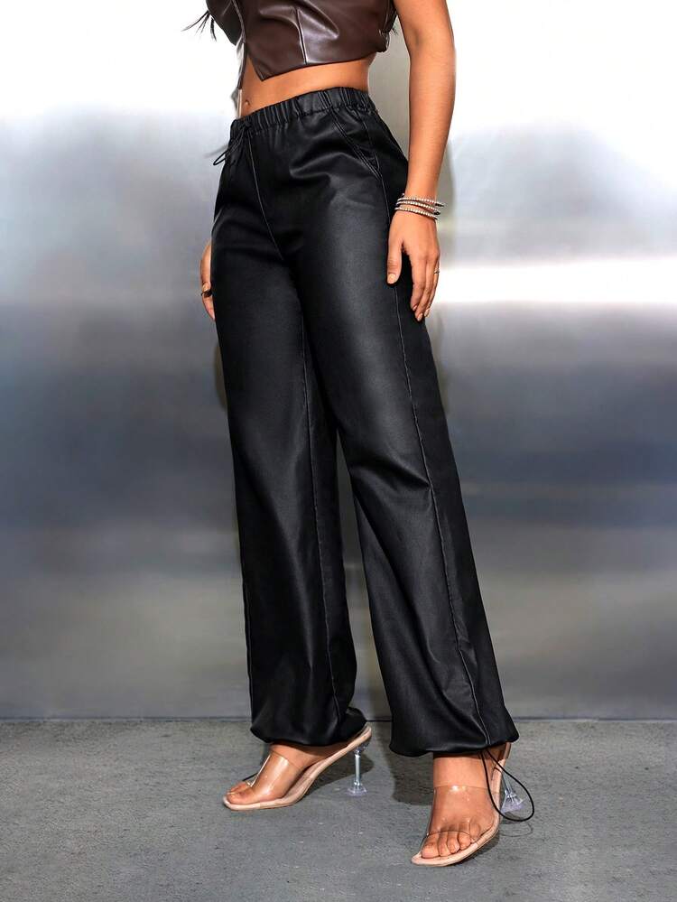 Women's Solid Color Elastic Waist Pockets Wide Leg Loose Casual Pants Fall Cloth For Women