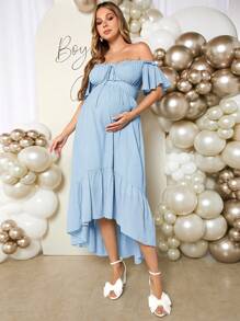 SHEIN Young, Romantic, Gender-Neutral Party Dress, Featuring Bustier Design And Off-Shoulder Style. With A Mid-Length And Form-Fitting Shape, It Is Suitable For Pregnancy And Has A Long Back Hem For Maternity - Blue - View 5