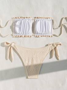 SHEIN Swim 夏季女士纯色纹理抹胸比基尼套装 - 米色 - 查看 3