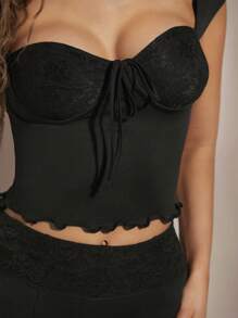 SHEIN BAE 女士蕾丝拼接系带露脐上衣，心形领口 - 黑色 - 查看 3