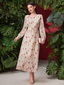 Modelyn Vestido largo de manga larga con estampado floral, vestido de noche largo para mujeres en otoño
