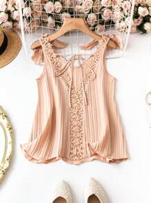 SHEIN Clasi Plus Size Women's Solid Color Sleeveless Blouse With Front Tie - Apricot - View 1