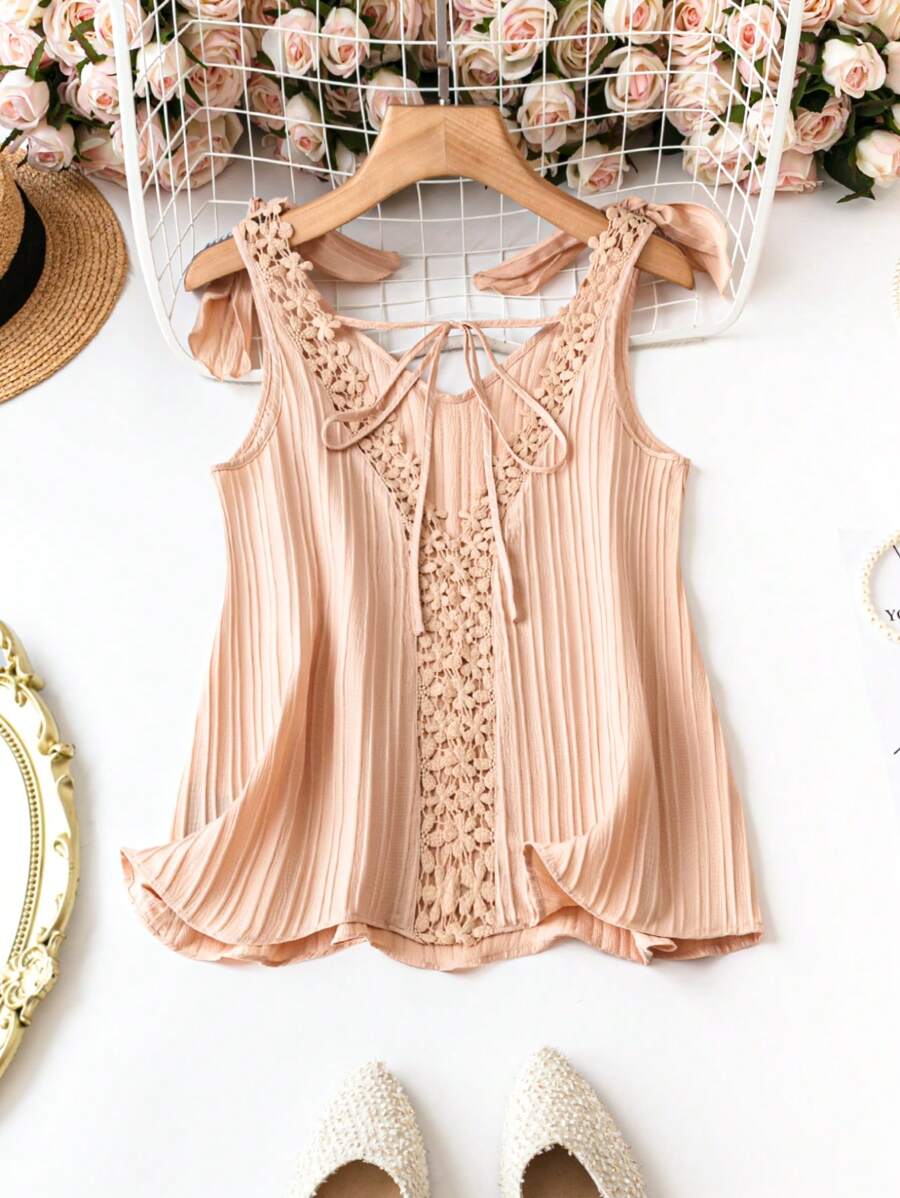 SHEIN Clasi Plus Size Women's Solid Color Sleeveless Blouse With Front Tie - Apricot - View 1