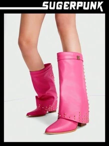 Sugerpunk Women's Pointed Toe Western Style Boots With Rivet, Chunky Heel, And Knee-high Shaft