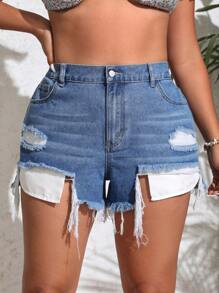 SHEIN Privé Kích thước lớn Frayed Hem Đau khổ Quần short Denim Với tua - Rửa trung bình - Xem 6