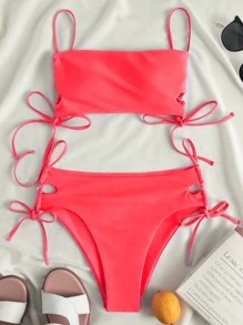 SHEIN Swim 無鋼圈綁帶純色露背比基尼套裝,分體式底部,游泳服 - 西瓜粉 - 查看 1