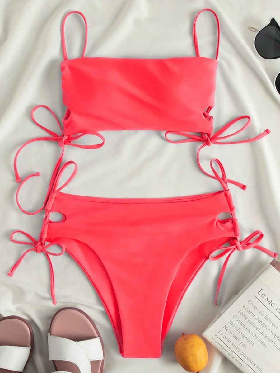 SHEIN Swim 無鋼圈綁帶純色露背比基尼套裝,分體式底部,游泳服 - 西瓜粉 - 查看 1