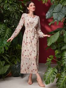Modelyn Vestido largo de manga larga con estampado floral, vestido de noche largo para mujeres en otoño